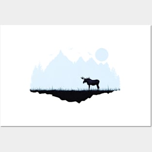 Moose eating grass by sunrise in the forest Posters and Art